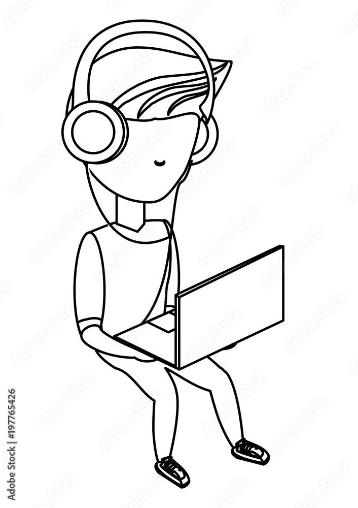 avatar young man sitting and using a laptop computer and headphones over white background, vector illustration