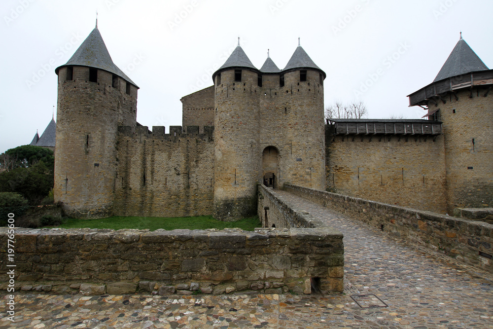 Castle of Carcassonne, France. Medieval Carcassone town view, France. Замок Каркассон, Франция