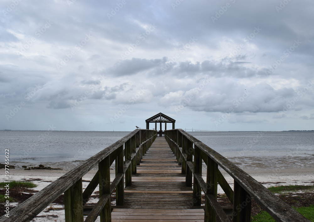 Small wooden pier on beach with cloudy sky.