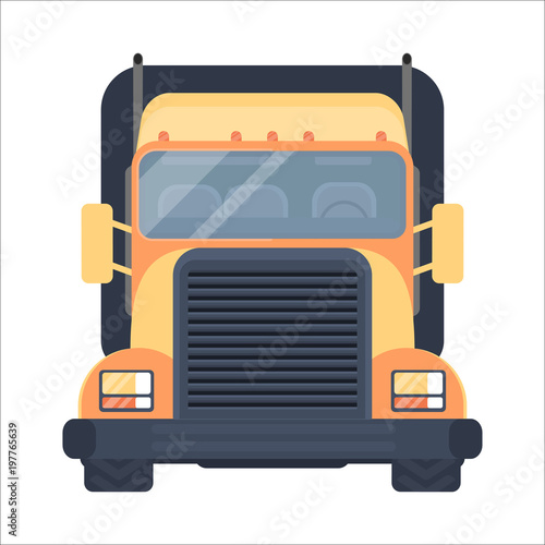 Lorry car front view. Heavy american style truck for transportation objects. Dlelivery truck. Road train.