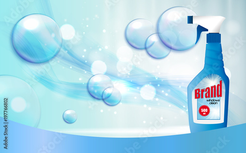 Window Clean Bottle Template for Ads or Magazine Background. 3D Realistic Vec...