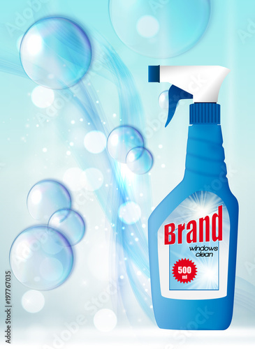 Window Clean Bottle Template for Ads or Magazine Background. 3D Realistic Vec...