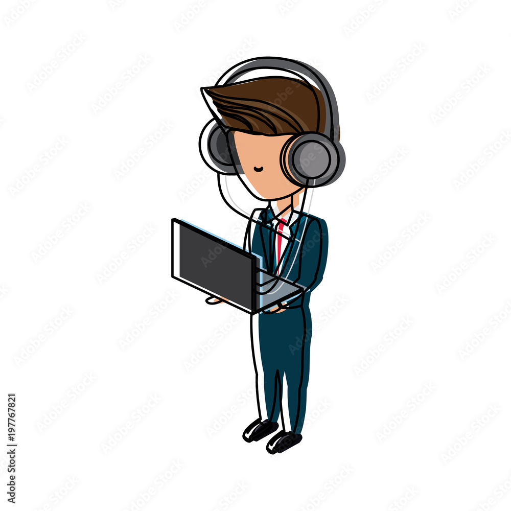 avatar businessman standing and using a laptop computer and headphones over white background, colorful design. vector illustration avatar businessman standing and using a laptop computer and headphones over white background, colorful design. vector illustration