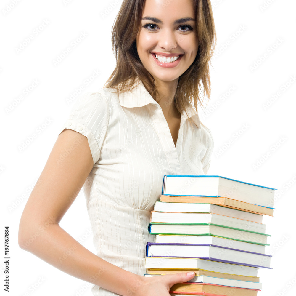 Young smiling woman with textbooks, isolated Young smiling woman with textbooks, isolated
