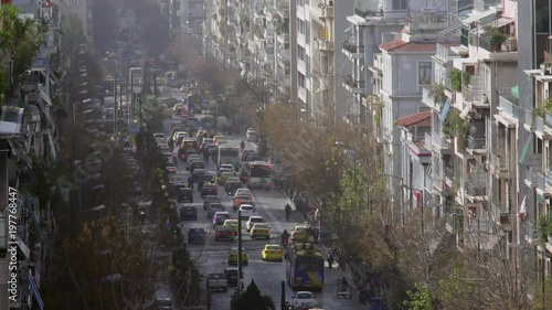 High View Main Street City Impression Of Athens, Greece, On A Sunny Winter Day With Smog And Traffic