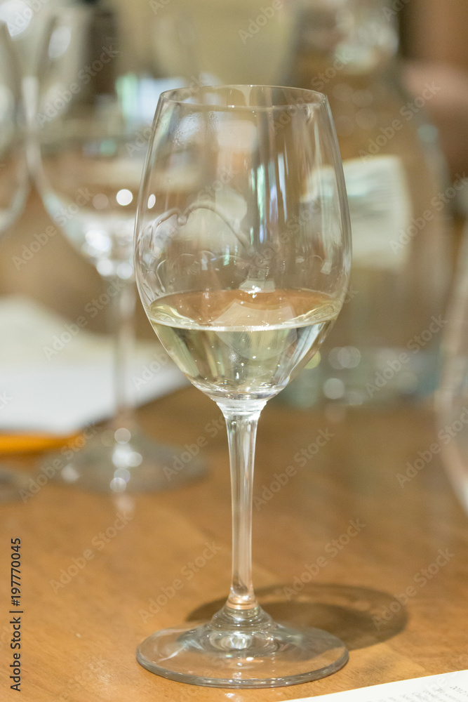 A glass of white wine at a wine tasting A glass of white wine at a wine tasting