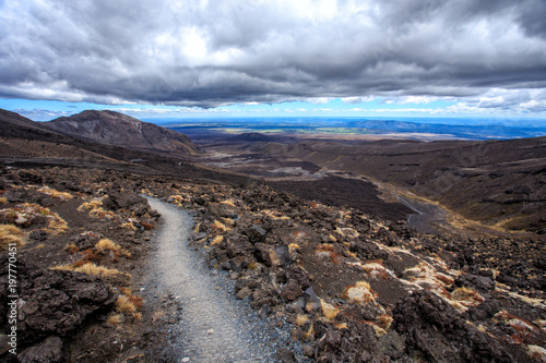 A view looking back at the hiking trail of the Tongariro Alpine Crossing in New Zealand.