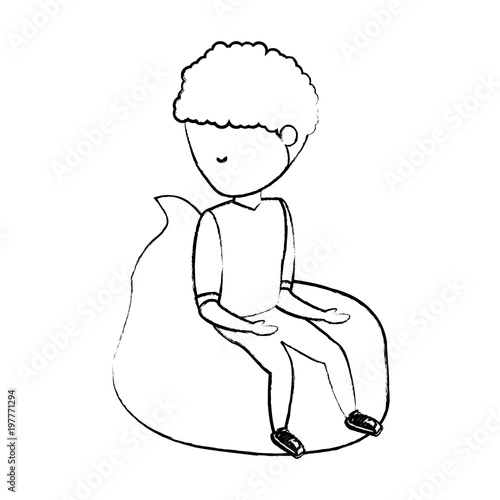 sketch of avatar man sitting on bean bag over white background, vector illustration