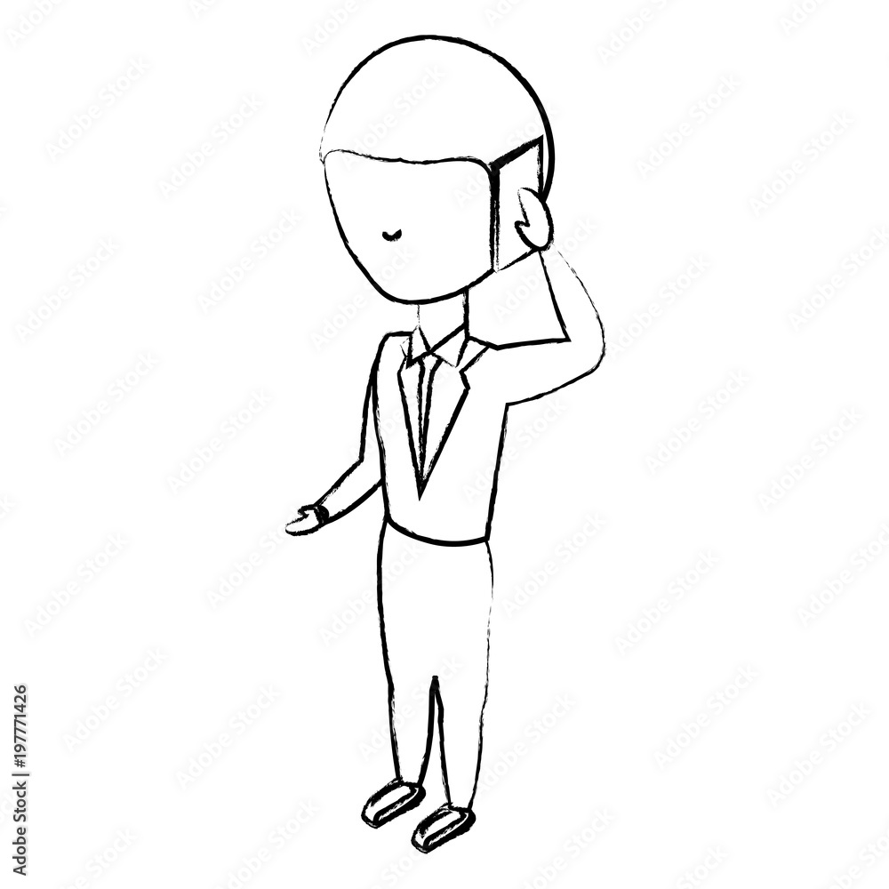 sketch of avatar businessman standing and talking on cellphone over white background, vector illustration