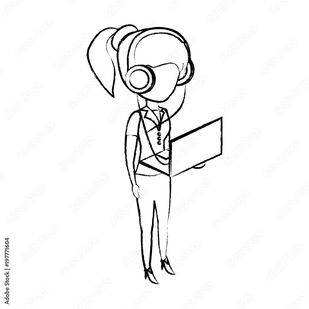 sketch of avatar woman standing and using a laptop computer and headphones over white background, vector illustration