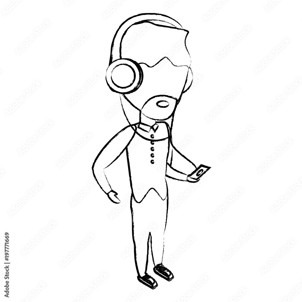 sketch of avatar man listening music with headphones over white background, vector illustration