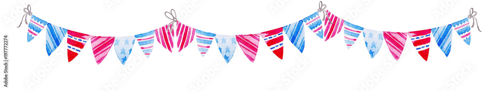 Obraz premium Illustration for 4th of July. Watercolor Bunting Flags. Celebration of American Independence Day