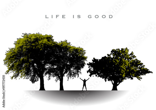 Life is good for this joyful man with arms extended to the trees in gratitude  