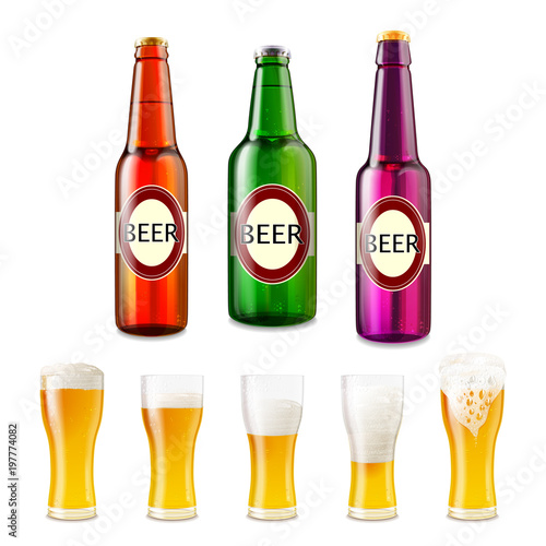Set of beer bottles glass and mugs isolated on white background. Realistic vector illustration of freshly brewed mugs of different fullness