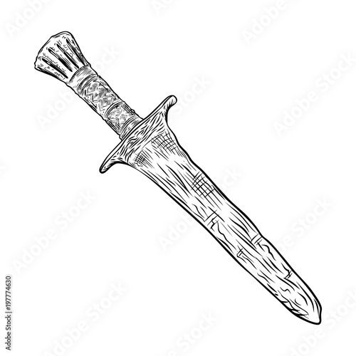 Black work tattoo art hand drawn engraving style medieval knife, dagger for flesh body art. Vintage sketch edged antique weapon. Vector.