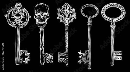Set of hand drawn antique keys. Sketch style of vintage key on black background. Old design illustration. Vector.