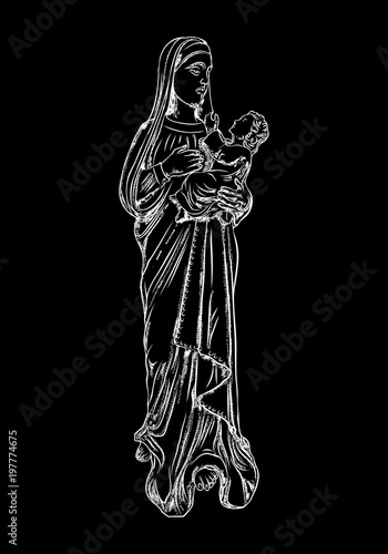Saint Mary holding baby Jesus. Hand drawn Virgin Mary and Baby Jesus Christ nativity scene. Nativity Christmas graphics design elements. Blackwork adult flesh tattoo concept. Vector.