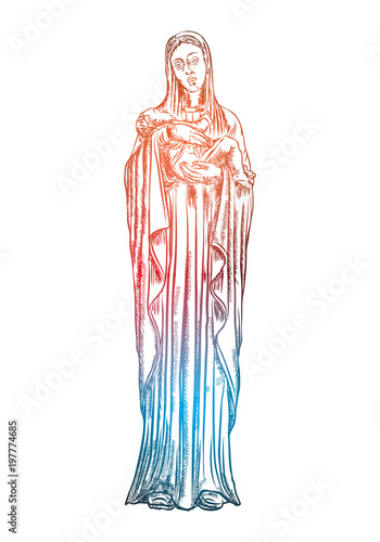 Saint Mary holding baby Jesus Christ, son of God in her hands. Christmas nativity scene for holiday. Color adult flesh tattoo concept. Vector.