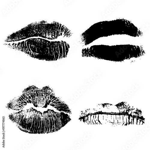 Set of lips or lip shaped women kiss print. Valentines or mother's day design element. 8 March Women's Day or love, sex, symbols. Girl kisses lips stain isolated on background. Vector.