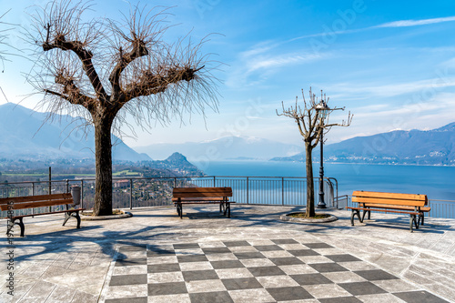 Terrace of the Belvedere Pasquè with stunning view of Lake Maggiore in Brezzo di Bedero, province of Varese, Italy photo