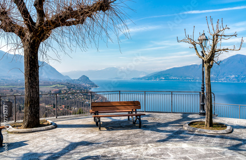 Terrace of the Belvedere Pasquè with stunning view of Lake Maggiore in Brezzo di Bedero, province of Varese, Italy photo