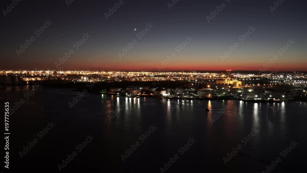 Aerial view of Newark Energy Center Power Station at night from Newark Bay, New Jersey Aerial view of Newark Energy Center Power Station at night from Newark Bay, New Jersey