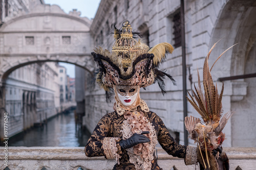 Woman in costume and mask, carrying feathered bird and birdcage, photographed during the Venice Carnival (Carnivale di Venezia)