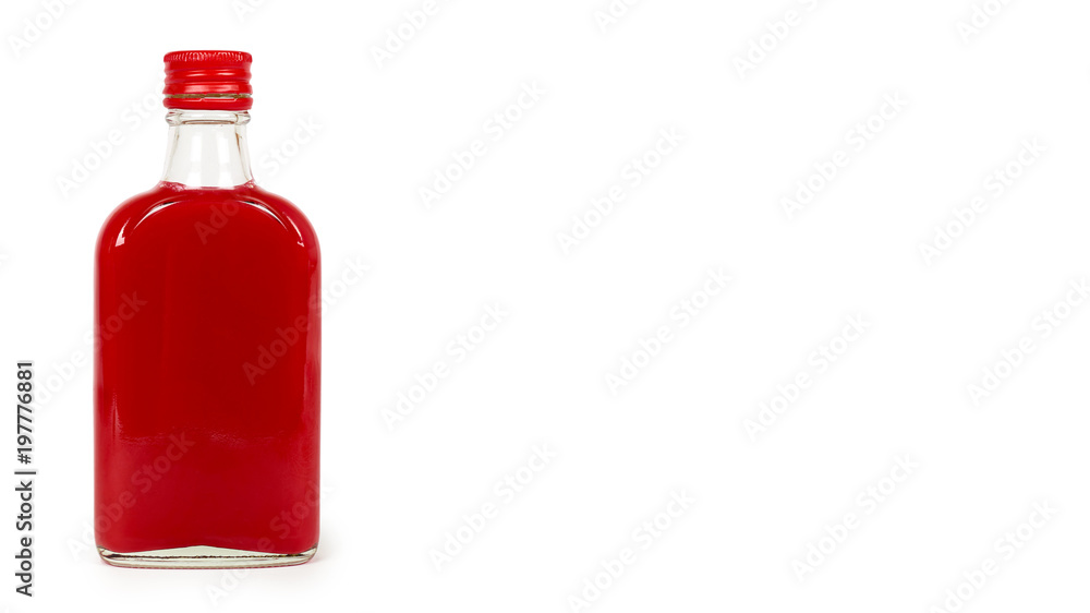 Glass bottle with red tincture isolated on white background. Alcohol problem. copy space, template Glass bottle with red tincture isolated on white background. Alcohol problem. copy space, template