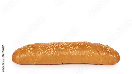 Light and delicious baguette bread isolated on white background, home made food with sesame. copy space, template