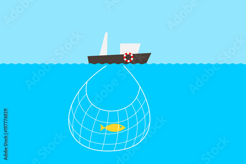 Fishing and overfishing problem - lack of fishes in the sea an ocean. Fisherman's boat and shortage and deficiency of marine animal in the net. Vector illustration