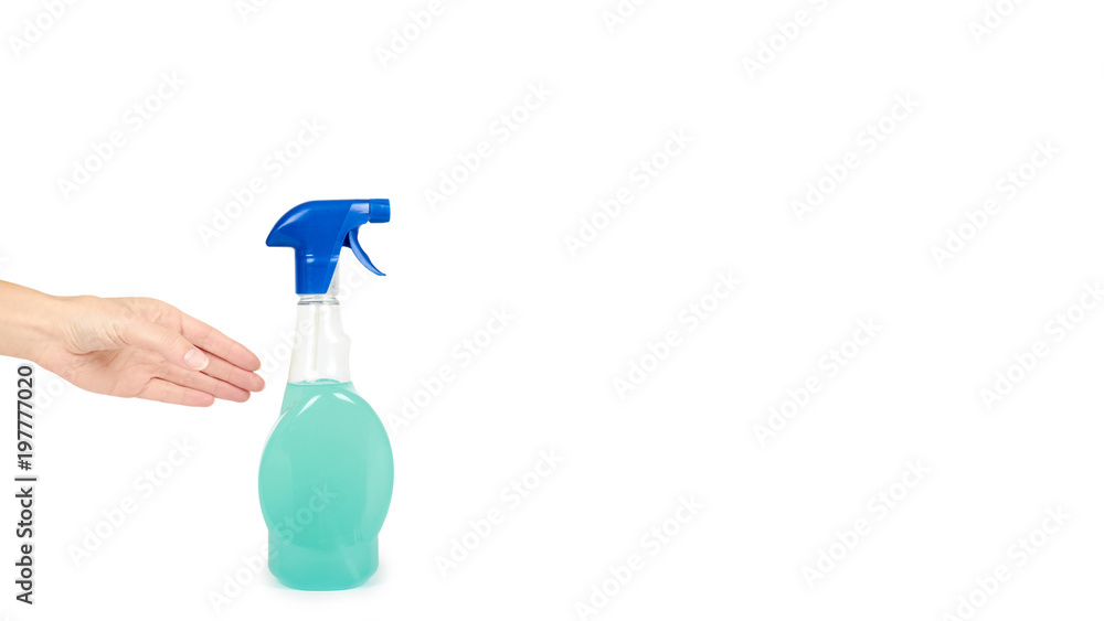 Cleaning spray bottle in hand isolated on white background. Housework and sanitary concept. copy space, template Cleaning spray bottle in hand isolated on white background. Housework and sanitary concept. copy space, template