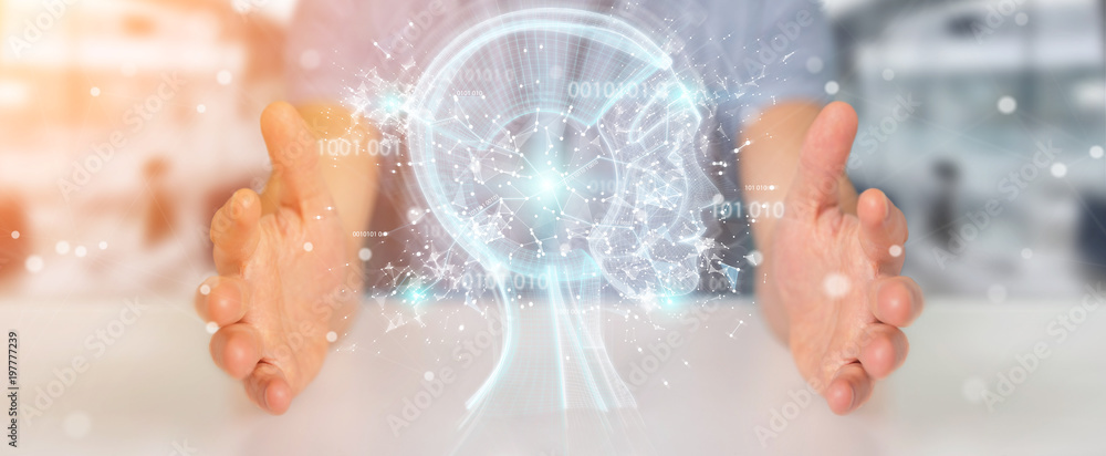 Businessman using digital artificial intelligence interface 3D rendering Businessman using digital artificial intelligence interface 3D rendering