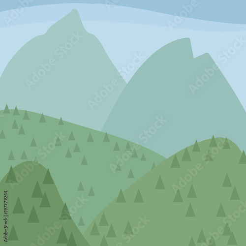 green light blue mountains and hills with coniferous trees landscape blue sky illustration