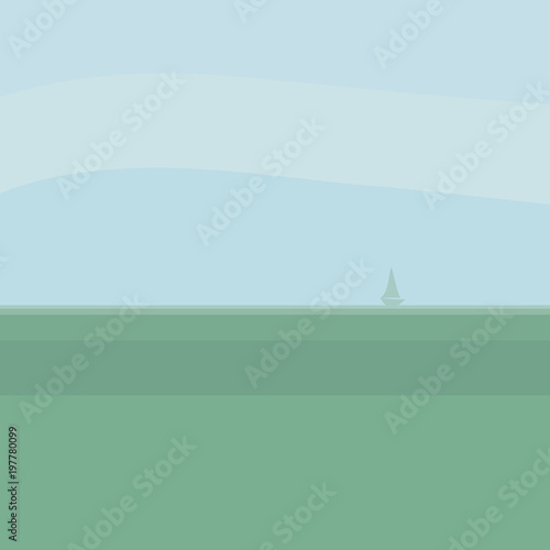sea landscape with horizon in the watery surface of a lonely Boat sailing in a blue light sky