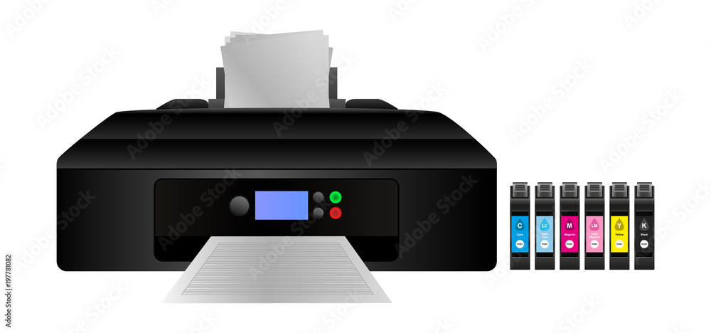 Obraz premium Vector illustration of home digital inkjet printer with cmyk and other light inks for a larger gamut