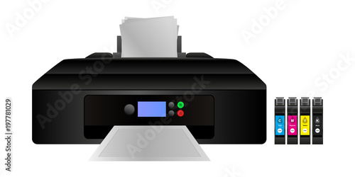 Vector illustration of home digital inkjet printer with cmyk ink cartridges