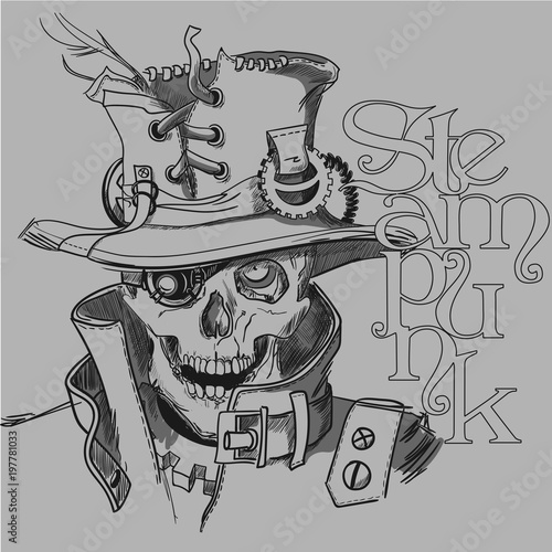 Skull in steampunk style black and white illustration