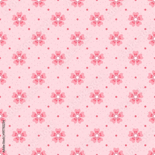 Seamless polka dot pattern. Pink cherry blossom on light textured background. Retro style