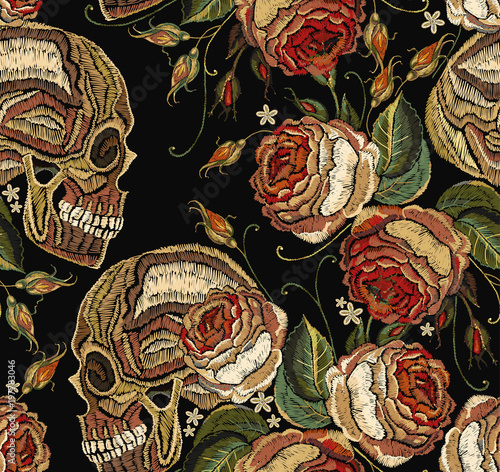 Embroidery skull and roses flowers seamless pattern. Fashion template for clothes, textiles, t-shirt design. Gothic romantic embroidery human skulls red roses and peonies pattern