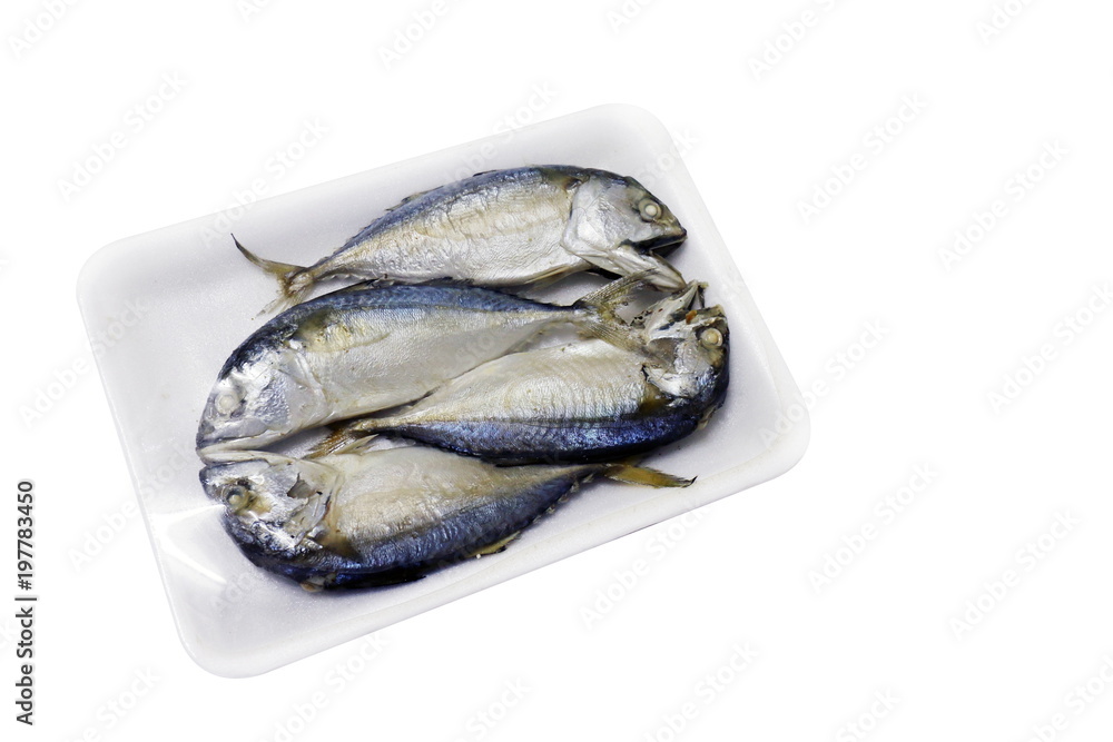 Raw mackerel fish steamed in foam tray, Platow, pla2, with plastic wrap foam isolated on background white Raw mackerel fish steamed in foam tray, Platow, pla2, with plastic wrap foam isolated on background white