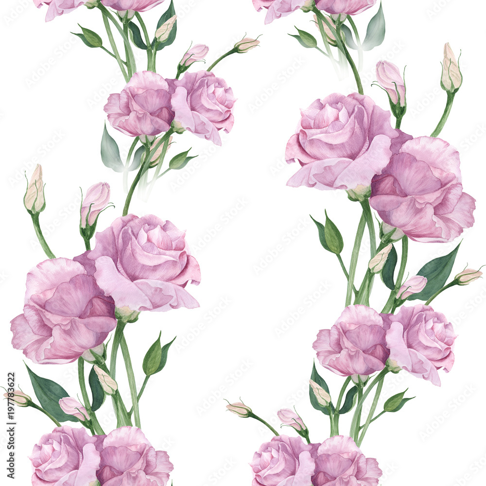 Eustoma - flowers and buds. Collage of flowers, leaves and buds on a watercolor background. Decorative composition on a watercolor background. Seamless pattern.