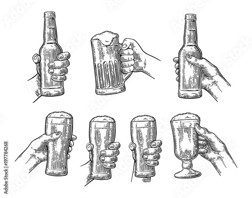 Man and woman hands holding, clinking with beer glass, bottle