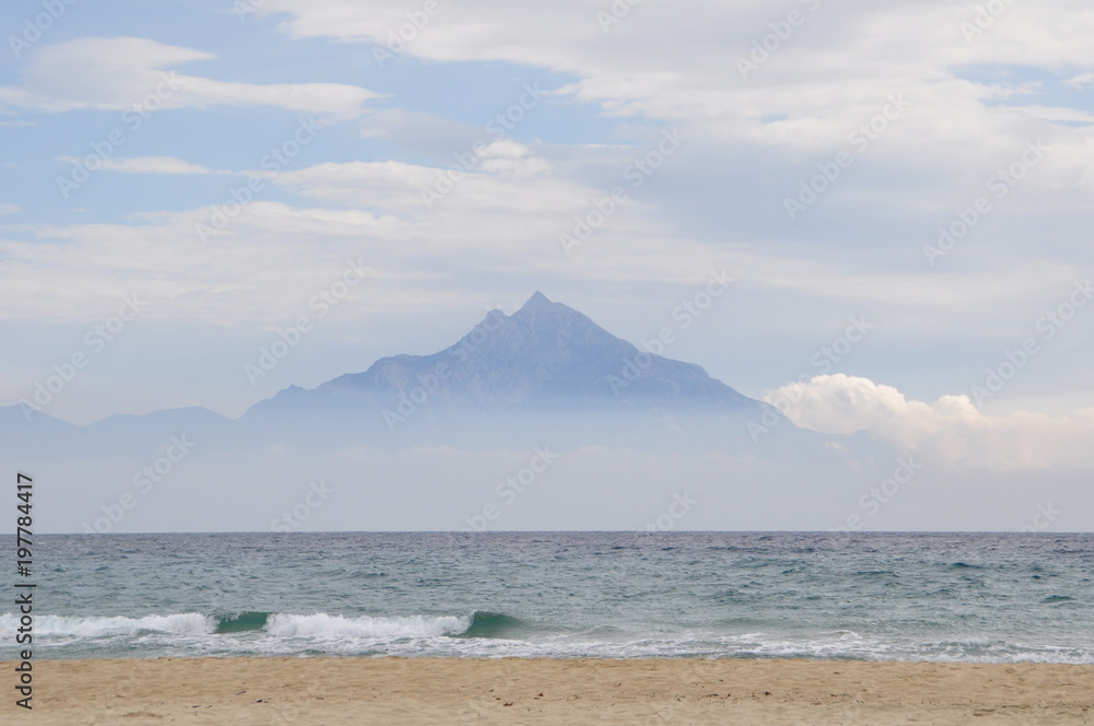 Mount Áthos, Ágio Óros, Greece. View from Sárti, Sithonia. Mount Áthos, Ágio Óros, Greece. View from Sárti, Sithonia.