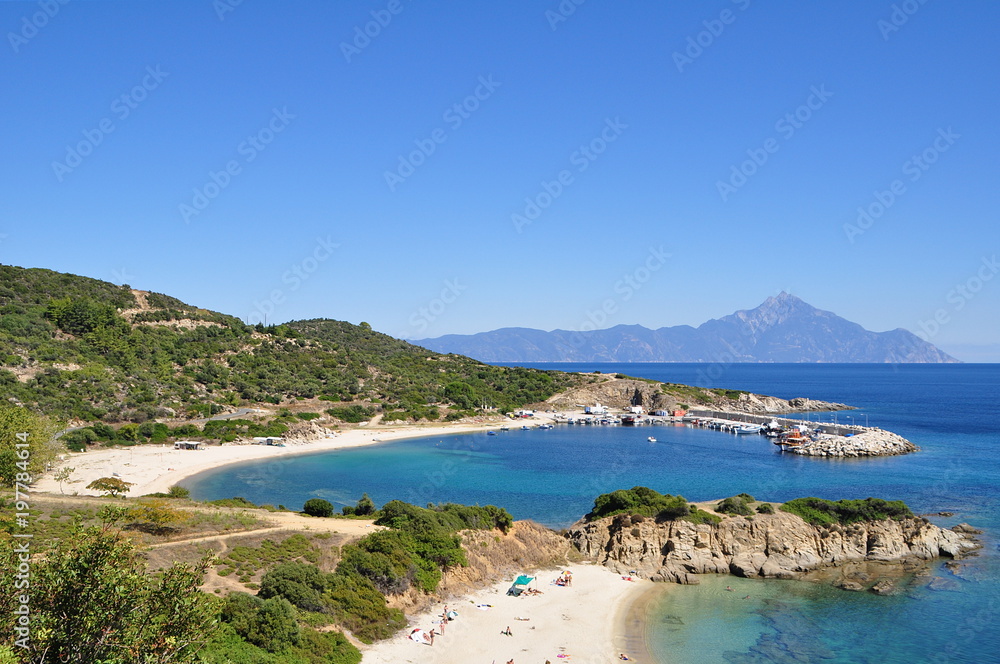 Beach, Sithonia, Greece. In the background you can see Mount Áthos.