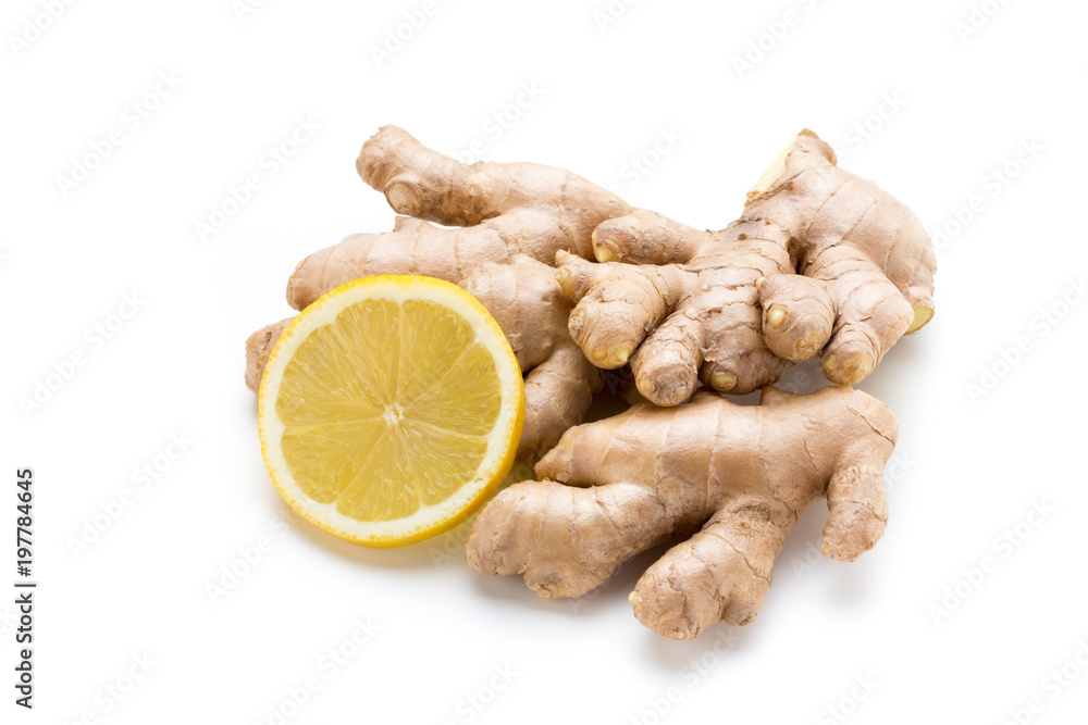 Ginger bio and lemon on white background. Ginger bio and lemon on white background.