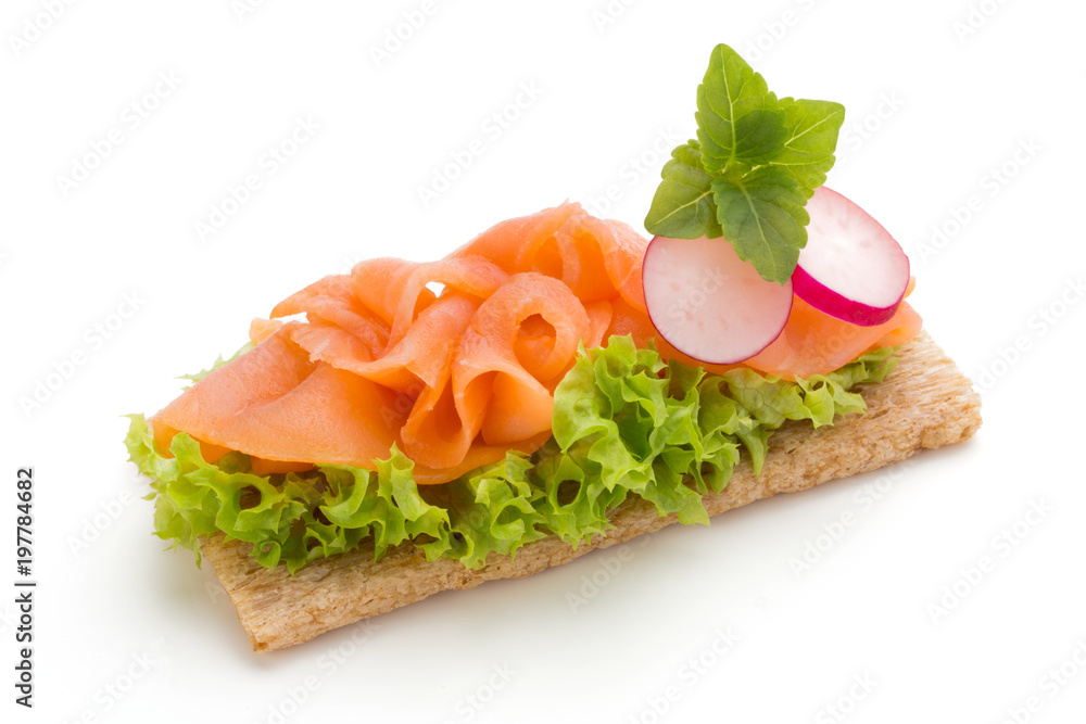 Bread with fresh salmon fillet isolated on white background, top view. Bread with fresh salmon fillet isolated on white background, top view.