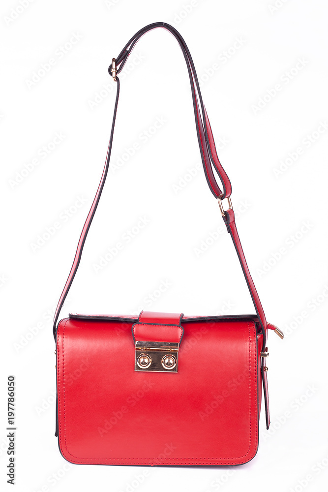 Red Women's handbag, Ladies bag, Red female clutch,Red clutch.Women's bag isolated white background.Bag isolated white background.Clutch isolated white background.