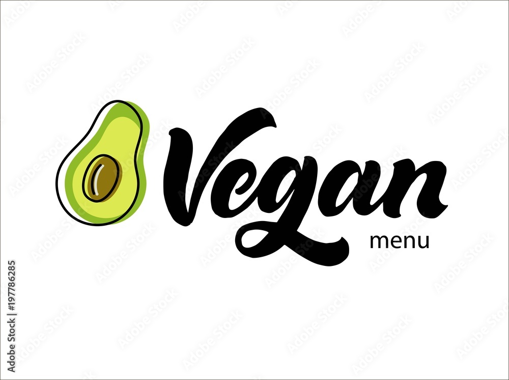 Naklejka premium Vegan logotype. Handwriting calligraphy lettering with avocado vector illustration. Modern trendy brush pen hand drawn style logo. Graphic simple and clean inscription for menu, store, cafe, food. Eps