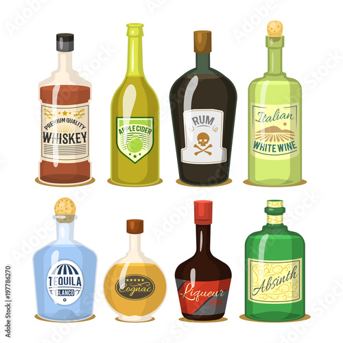 Alcohol strong drinks in bottles cartoon glasses whiskey cognac brandy wine vector illustration