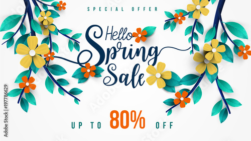 Spring Sale Banner with green leaf and colorful flowers. Vector Design for your greetings card, flyers,  web banner , invitation, posters, brochure, banners, calendar, spring sale.
